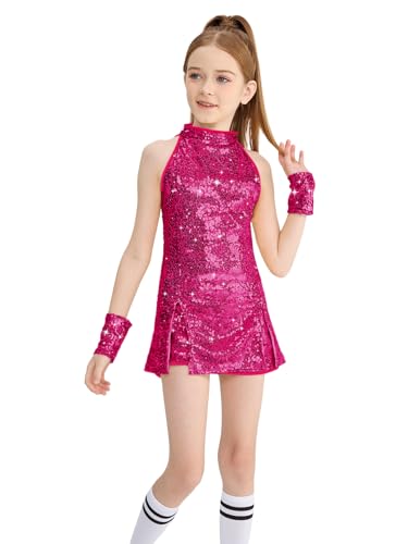 LOLANTA Girls Sequins Jazz Dance Costume Child Sparkle Mini Dress Hip Hop Dance Clothes Set Top+Pants+Socks Fuchsia 8-9 Years 140