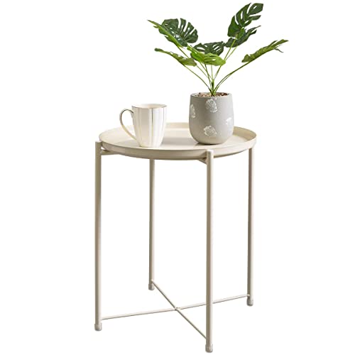 Hollyhome Tray Metal End Table, Sofa Table Small Round Side Tables, Anti-Rust And Waterproof Outdoor & Indoor Snack Table, Accent Coffee Table,（H） 20.28" X（D） 16.38", Cream-Colour #TOP3