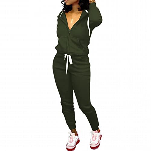 Clocor 2 Piece Outfits For Women - Casual 2 Piece Sweatsuit Pocket Tracksuit Long Sleeve With Patchwork Pants Set Army Green-L #TOP1