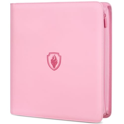 Image of Premium Zip Card Binder 12 Pocket, Fabmaker 912 Pockets Trading Card Binder, PU Zipper Card Collection Album, Sturdy Side-Loading Card Book Holder for Game & Sports Cards, Pink