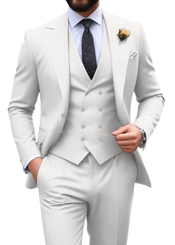 Image of Mens Suit Slim Fit 3 Piece Double Breasted Suit Men Formal Tuxedo Set Casual Wedding Prom Groom Suits