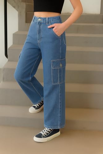 Image of ADBUCKS Stretchable High Rise Cargo Style Wide Leg Jeans for Girls II Girls Jeans