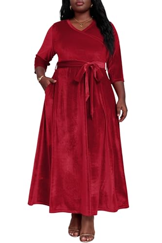 Runwind Plus Size Dress for Women 3-4 Sleeve V Neck Maxi Dresses for Women Velvet Red 2XL