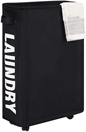 Caroeas 22" Rolling Slim Laundry Basket with Stand Foldable Waterproof Sorter and Organizer on Wheels Tall Thin Dirty Laundry Hamper Basket Home Corner Bin (Slim 22",Black)