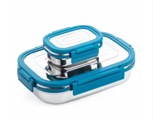 Image of CULINARY CRAFTS Stainless Steel Tiffin Lunch Box Container /Dabba with 4 Side Clip Lock Lid for Office & School Use /Food Grade /Air Tight /Easy to Carry /Leak Proof(900ml 1pc + 200ml 1 Pc) Blue