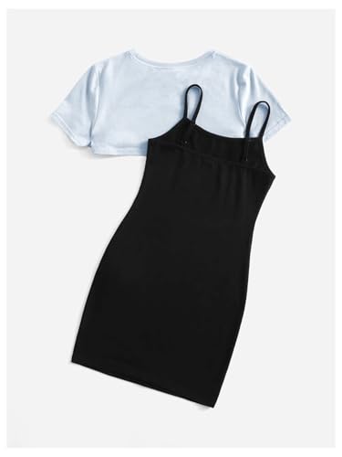 Image of SOLY HUX Girl's 2 Piece Outfits Short Sleeve Crop Top and Cartoon Print Cami Dress Set