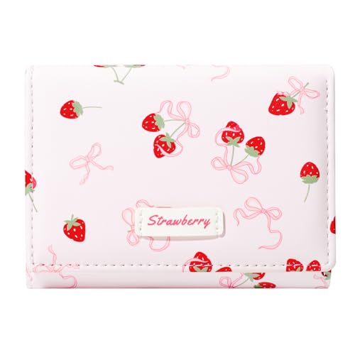 Small Cute Wallet with Strawberry Coquette Bow Print ID Credit Card Holder for Women Girls (PINK)