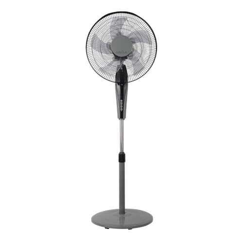 Ventilador de pie 55W, 3 velocidades, 5 aspas, orientable, control remoto y temporizador, ideal para refrescar espacios.