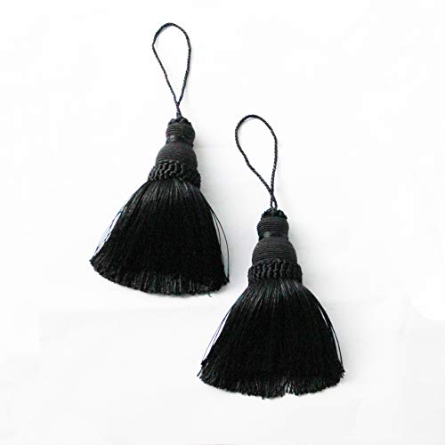BEL AVENIR Black Tassels Key Tassel with Loops Handmade Craft Charms DIY Accessories Elegant Soft Making Curtain Home Decoration (Black, 2 pcs)