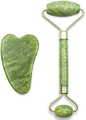 Kit Massageador Facial de Jade, Rolo e Placa Gua Sha, Verde