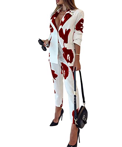 2 Piece Outfits for Women Long Sleeve Printing Blazer with Pants Casual Elegant Business Suit Sets