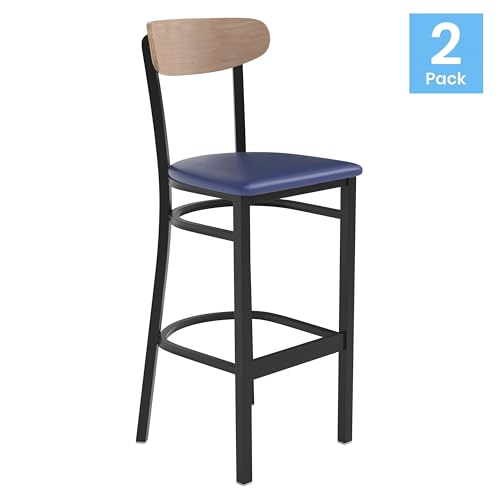 Image of Flash Furniture Wright Set of 2 Commercial Barstools - Natural Wood Boomerang Back - Blue Vinyl Seat - 500 LB. Capacity Black Steel Frame - Integrated Footrest