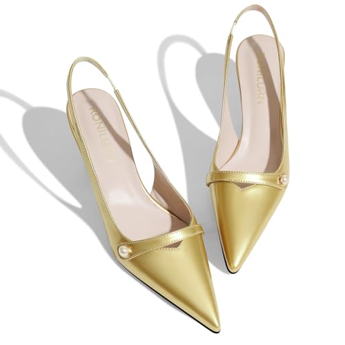 Image of Women Kitten Heels Slingback Low Heel Pumps Dress Shoes for Women Closed Pointed Toe Pearl Heels for Work Wedding Bridal