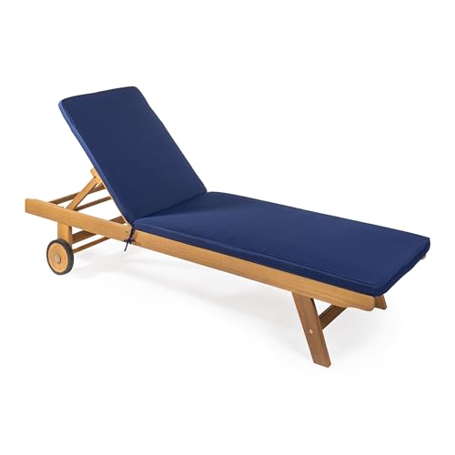 JONATHAN Y LNG1000B Mallorca - Tumbona de madera de acacia ajustable clásica moderna de 77.6 x 23.6 pulgadas, para exteriores, con cojín y ruedas, costera, bohemia, minimalista, tradicional, azul