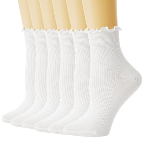 Womens Ruffle Socks, 6 Pairs White Lettuce Edge Turn-Cuff Cotton Frilly Ankle Crew Boot Socks - Main Image
