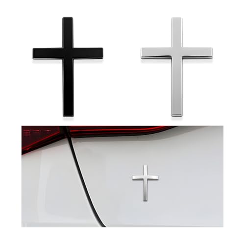 DXNQ 2PCS Metal Jesus Christ Cross Badge Stickers, 2.5"×1.8" Alloy 3D Individual Car Cross Sticker, Self Adhesive Scratch Covering Metal Cross Auto Emblem Decal for Car Body Fender Tail (Black+Silver)