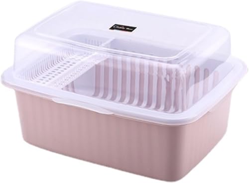 Bivoyud 水切りラック 食器収納 食器ラック キッチン収納 蓋付き 箸立て 食器乾燥ボックス 食器収納 大容量 防塵 防汚 抗菌 プラスチック収納ボックス 多機能バスケット 洗濯 掃除用 家庭用/業務用使用、ディッシュラック、大容量 (ピンク,中くら