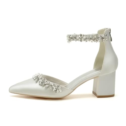 Wedding Shoes for Bride Block Heel Satin Rhinestones Bridal Shoes Prom Party Dress Pumps3