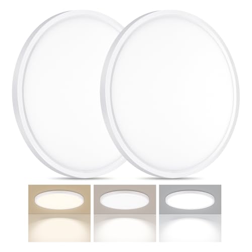 2 Pack LED Flush Mount Ceiling Light, 24W Ultra Thin Round White 3000k/4000k/6500k 3 Color Temperatures Adjusted 12 Inch Modern Ceiling Lights for Bedroom Bathroom Kitchen (2)