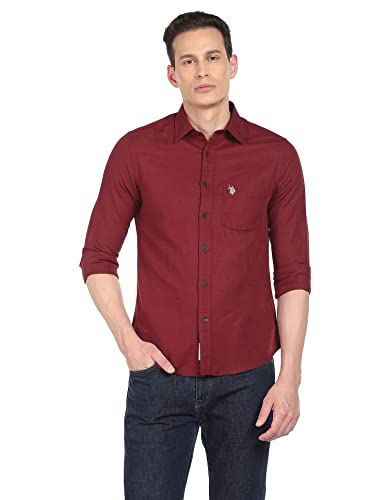 Image of U.S. Polo ASSN. Men's Solid Cotton Linen Tailored Fit Spread Collar Casual Shirt