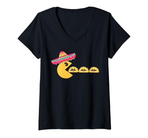 Femme Sombrero mangeant des tacos drôles avec moustaches Cinco de Mayo T-Shirt avec Col en V