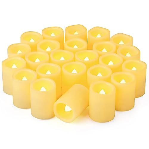 Image of 24 Pack 1.5 inch x 2 inch Flameless Flickering Battery Operated Votive Candles, Lit 200+ Hours LED Tea Light Votive, Electric Outdoor Flicker Candle Bulk for Wedding Halloween Christmas Home Decorations