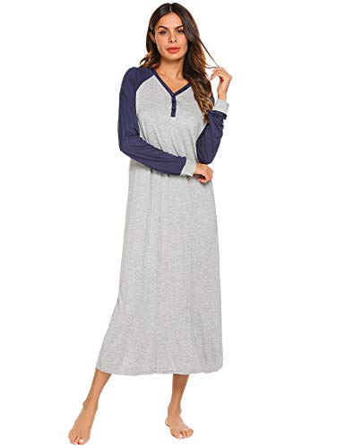 Ekouaer Nightgown Women's Long Sleeve Long Sleep Shirt V Neck Night Dress Sleepwear Loungewear(Navy Blue,M)