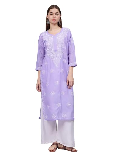 Image of Seva Chikan Hand Embroidered Lucknowi Chikankari Appricoat Peach Terivoil Cotton Kurta for Women SCL4603