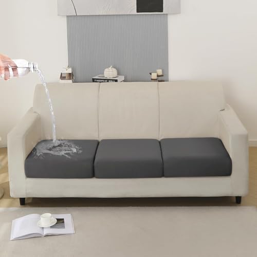 Image of HOKIPO 100% Waterproof Elastic Individual Seat Cushion Cover, 3-Piece Sofa Cushion Cover, Dark Grey (NEW-AR-5352-DGRY*3)