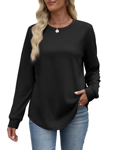 Image of WIHOLL Sweatshirt for Women Crewneck Long Sleeve Shirts Curved Hem Lightweight Sweaters Fall Clothes 2025