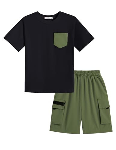 Image of Arshiner Boys' 2-Piece Cotton Outfit Short Sleeve Crewneck T-Shirt & Cargo Shorts Set Summer Casual Clothes for Kids 5-13