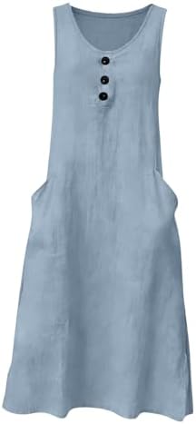 Frostluinai Sun Dresses Women Trendy 2026 Linen Midi Dresses for Women Summer Solid Boho Beach Dress Crew Neck Sleeveless Sundresses with Pockets Light Blue - 5