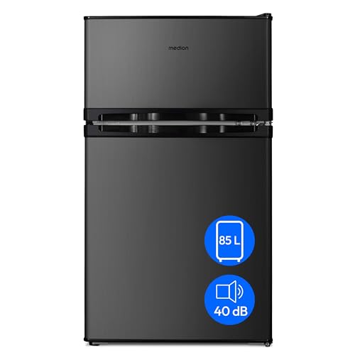 MEDION Mini Kühl-Gefrierkombination (85 Liter, 61L Kühlteil, 24L Gefrierteil, freistehend, 40 dB, transparente Gemüseschublade, Türanschlag wechselbar, MD 37689) grau