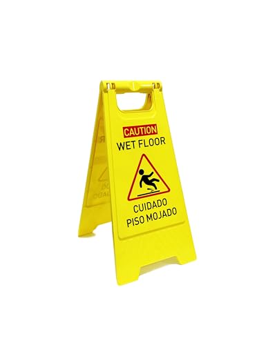 1-Pack full size Caution wet floor sign, 23.62 in. (approx. 60 cm) Height,Bright Yellow Double-Sided Folding A-Shaped Frame Design, Bilingual Caution Message