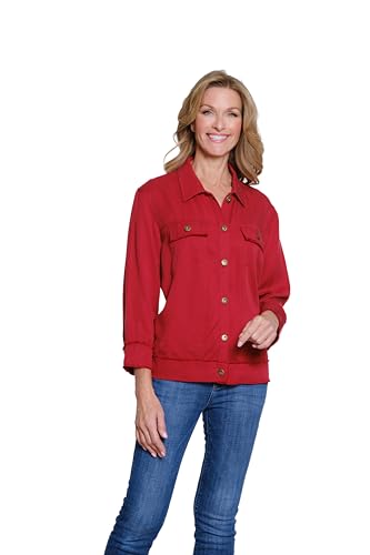 MULTIPLES Women's Cuffed 3/4 Sleeve Drop Shoulder 2-Pocket Button Front Fringe Trim Jacket