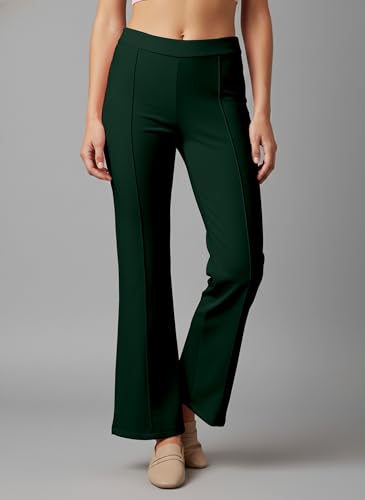 Image of Mehrang Cotton Blend Bootcut Parallel Trouser Pants for Women Regular Fit, Bellbottom Straight Pants for Womens