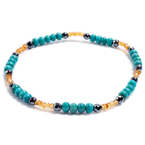 Dark Gray Hematine, Sleeping Beauty Turquoise & Yellow Orange Citrine Beaded Gemstone Stretch Bracelet - 7-1/4" Fits Wrists Sized 6"-7" #TOP13
