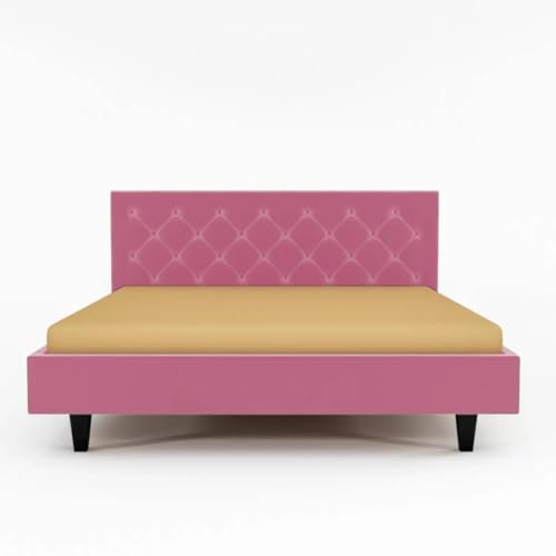 Image of Wooden Modern Upholstered Queen Size Bed for Bedroom | Wooden Double Bed Without Storage | Platform Cot Upholstered Bed with Upholstery Fabric | Engineered Wood | 6.5 x 5 Ft | Pink