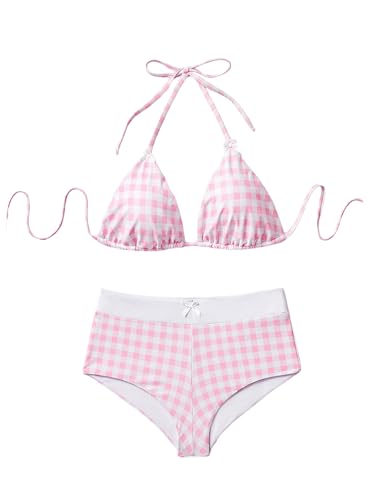 SHENHE Women's Y2k Gingham Bow Bikini Set 2 Piece Triangle Halter Boyshort Swimsuit Swimwear