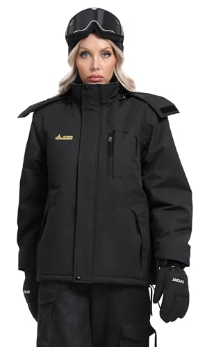 Mnking Skijacke Softshelljacke Damen Wasserdicht Regenjacke Winterjacke Funktionsjacke Winddicht Winter Warm Gefüttert Outdoorjacke mit Kapuze CFY226W-Black-L