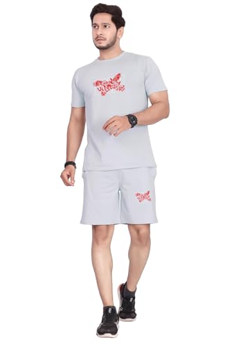 Image of HOODMASTER Men's Cotton Night Suit Set of Top & Knee Length Shorts with Round Neck Half Sleeves Solid Pattern Regular Fit and Standard Length | Mens Cotton Night Suit | T-Shirt and Shorts Sets
