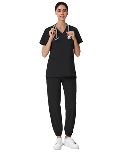 Scrubs for Women Set, V-Neck Scrubs Top & Jogger Pants Medical Scrubs Set with 8 Pockets, Yoga Waistband