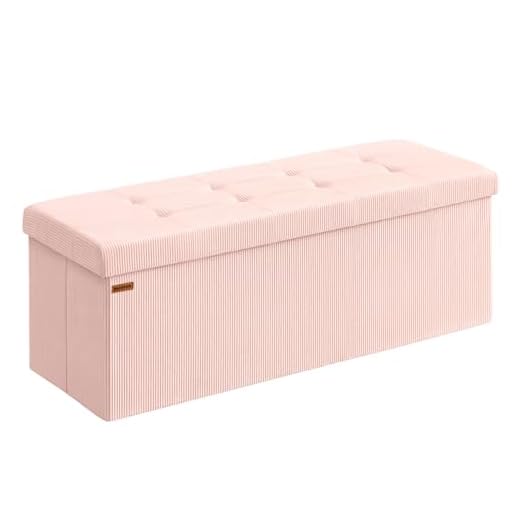SONGMICS Sitzbank mit Stauraum, klappbare Fußbank, 38 x 110 x 38 cm, Bettbank, Aufbewahrungsbox, bis 300 kg belastbar, Wohnzimmer, Schlafzimmer, Eingangsbereich, pastellrosa LSF604R01
