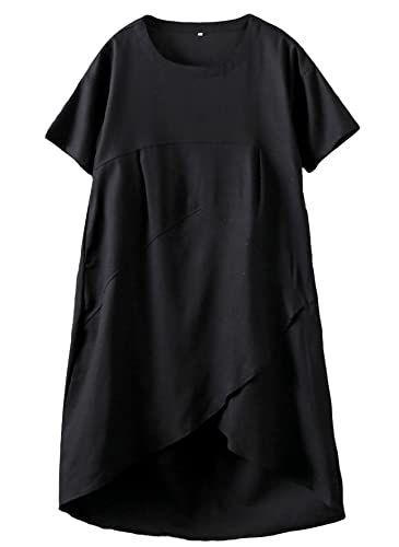 FTCayanz Damen Kleid Sommer Boho Strand Sommerkleid Elegant Leinenkleid Freizeitkleid mit Taschen Schwarz 2XL