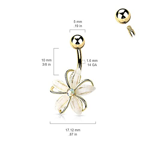 Pierced Owl - 14GA Stainless Steel CZ Crystal Centered Wire Set White Flower Belly Button Ring2