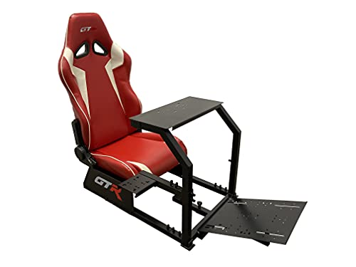 GTR Simulator GTA-BLK-S105LRDWHT- GTA Model Black Frame with Red/White Real Racing Seat, Driving Simulator Cockpit Gaming Chair with Gear Shifter Mount