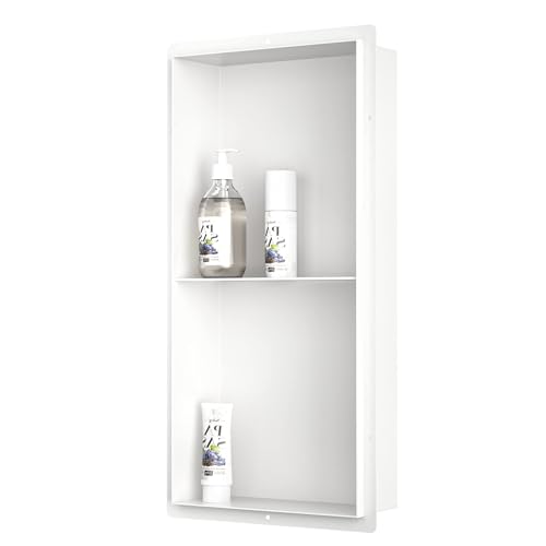Bernkot Stainless Steel Shower Niche, 30×60cm No Tile Needed Wall Niche Double Shelves,Recessed Shower Shelf for Bathroom Storage Soap Shampoo, White