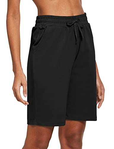 Baleaf Women's 10" Bermuda Shorts Long Cotton Casual Summer Knee Length Pull On Lounge Walking Exercise Shorts With Pockets Black Size L #TOP2