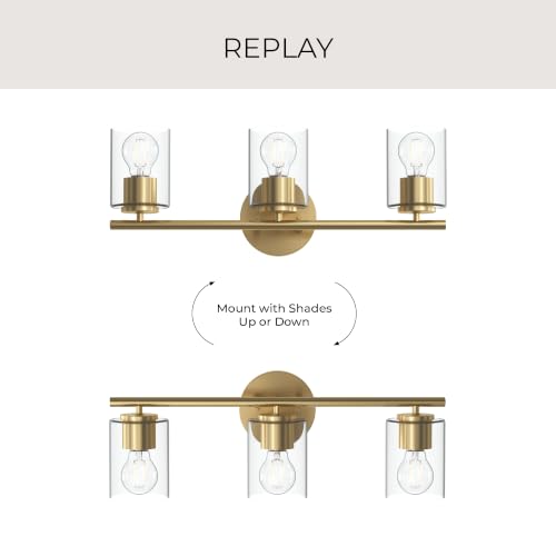 Image of Progress Lighting Replay 22 Inch 3-Light Vanity Light, Transitional, Brushed Gold with Clear Glass Shades, (7.875 inch H x 22 inch W x 6 inch D), P300583-191