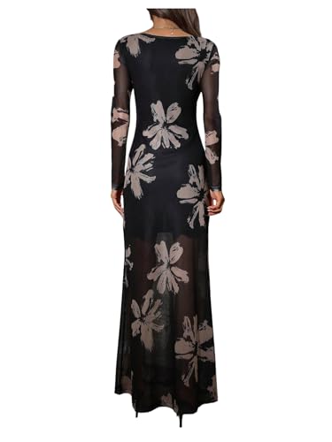 Image of GORGLITTER Women's Floral Mesh Flared Flowy Maxi Dress Crewneck Long Sleeve Wedding Guest Dresses